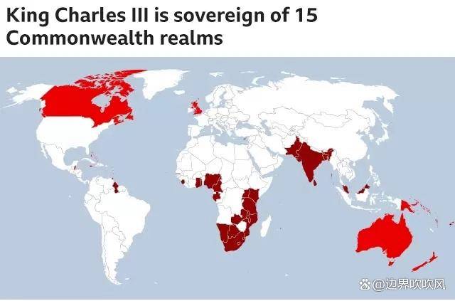 从地图上看英国国王查尔斯三世是 15 个国家的国王,这15个英联邦国家