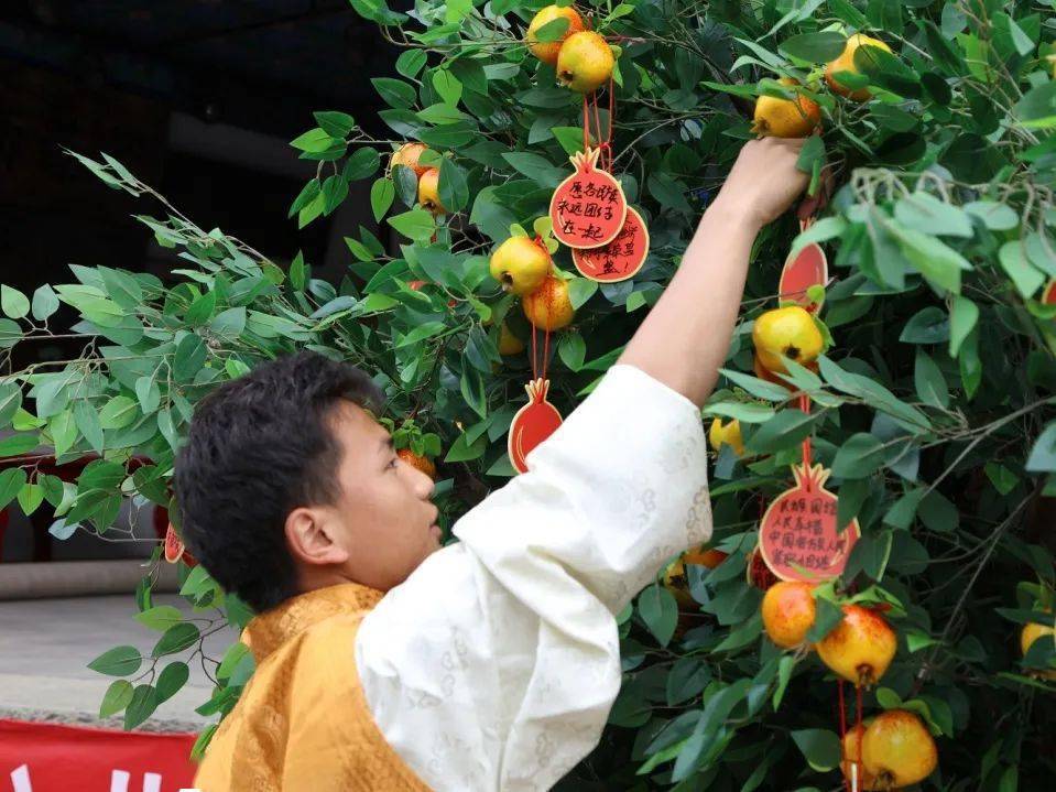 参加活动的领导,嘉宾和各界群众共同写下民族团结寄语石榴牌,并悬挂在