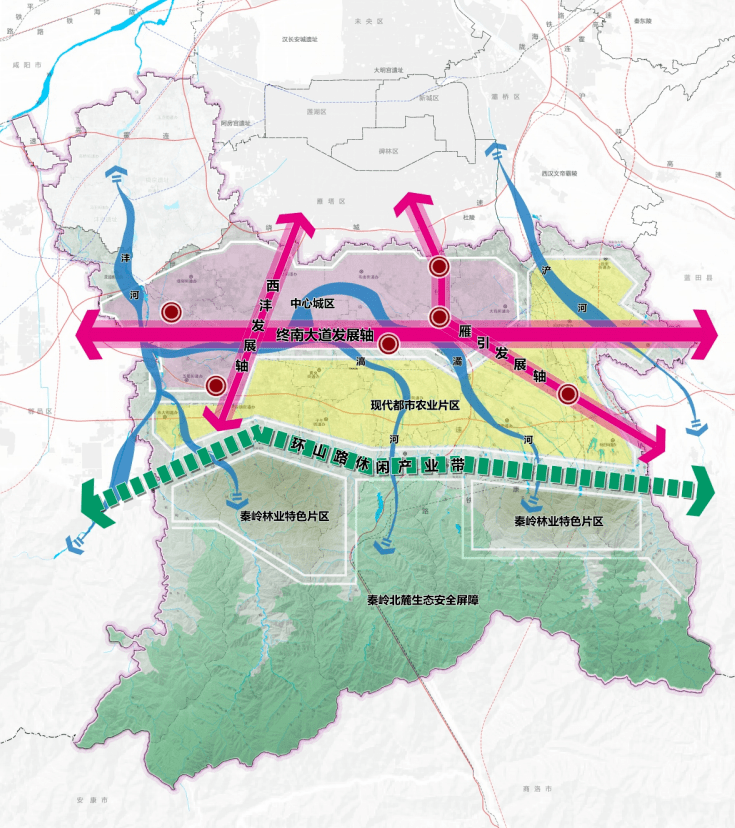 兩區丨現代都市農業片區和秦嶺林業特色片區;四廊丨滻河,灃河,潏河,滈