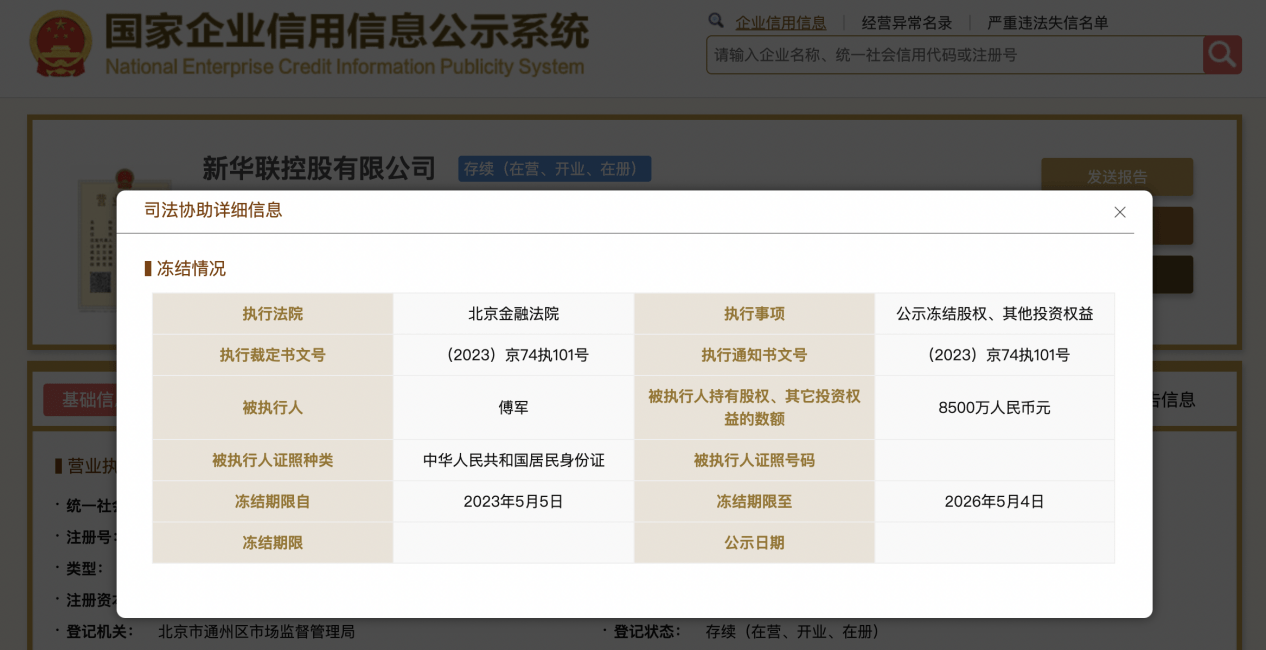 傅军所持新华联控股8500万元股权遭冻结_搜狐网