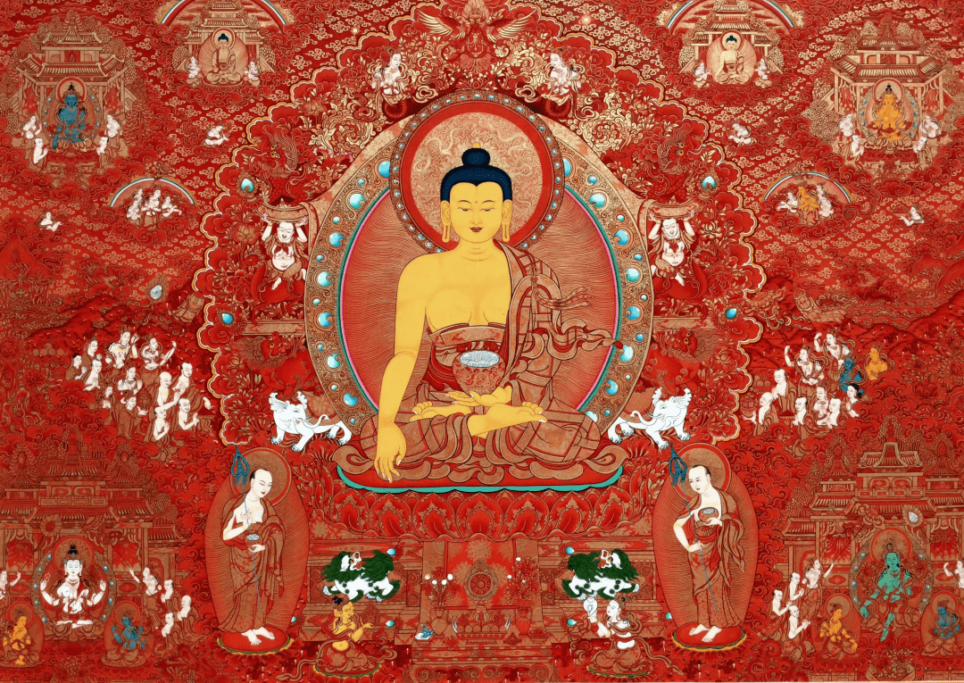 嗡阿吽"三遍,观想食物化为外内密最殊胜的会供品,供养无量无边的三宝