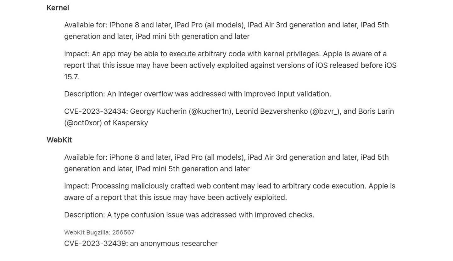 苹果发布更新修复了Triangulation漏洞 具体系统版本为iOS/iPadOS 16.5.1/15.7.7