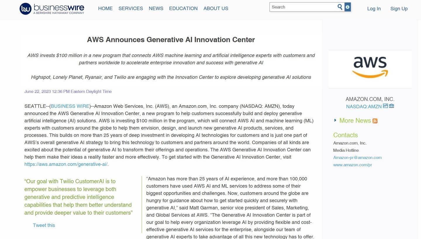 亚马逊投入1亿美元成立AI创新中心 以扩大旗下AWS业务对于企业的吸引力