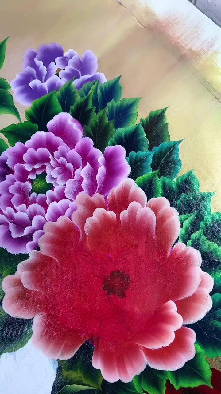 排笔创意画牡丹花开富贵好运来 排笔彩绘3d画 彩绘艺术