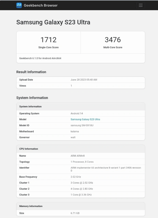 GeekBench跑分揭示Galaxy S23 Ultra升级OneUI 6.0后性能表现_oneUI_用户_成绩