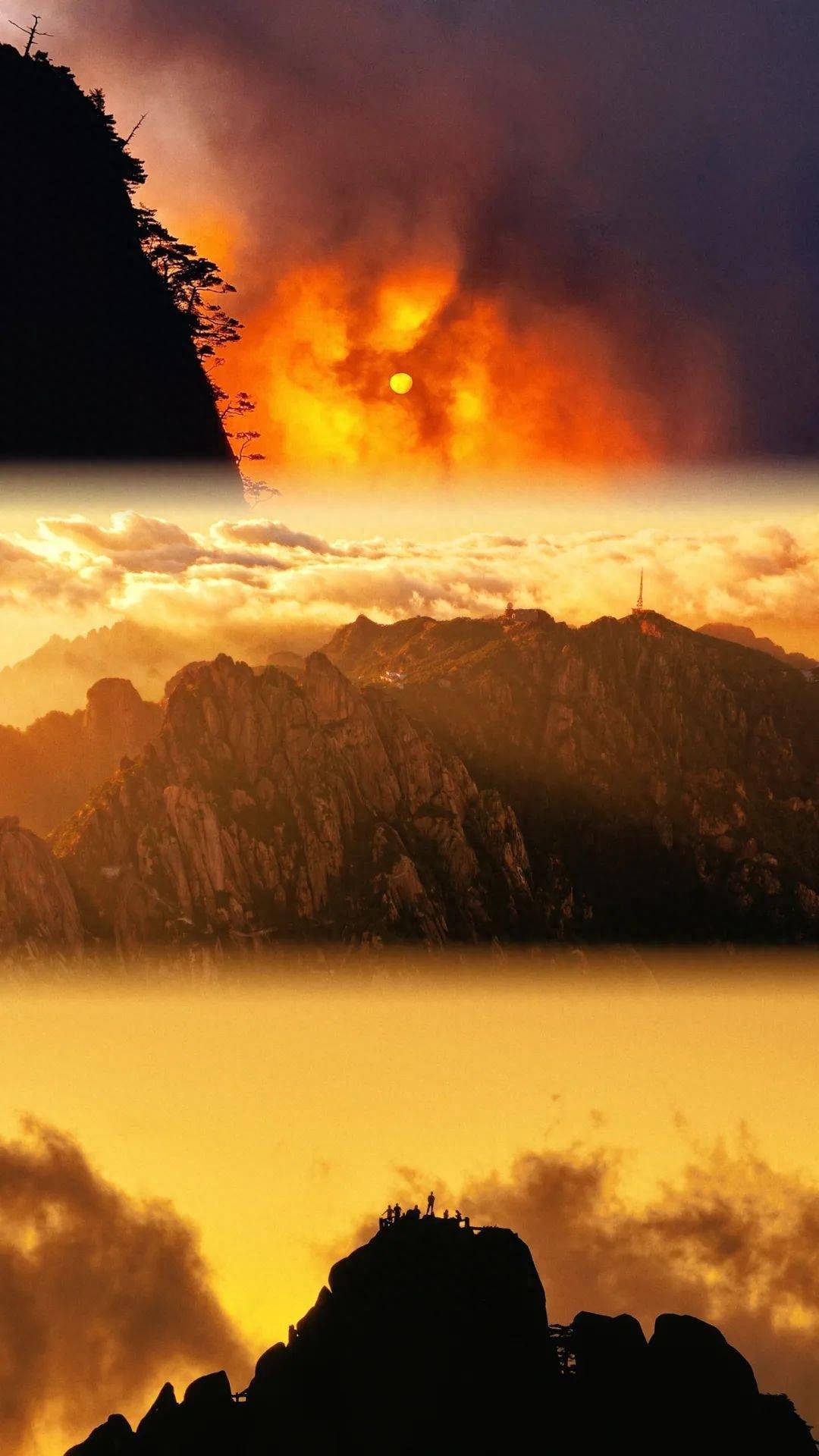 时间较长近日黄山日落晚霞太阳从贴着地平线到消失只要2分钟左右因为