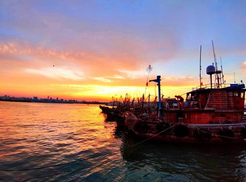 武爱民摄在日照市山海天张家台渔码头,渔船出海归来.