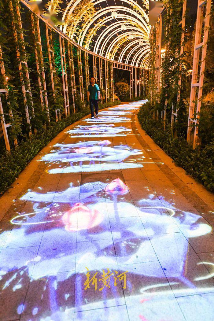 投影灯在地面上投射出各种荷花的图案,营造出色彩斑斓的虚拟场景,让