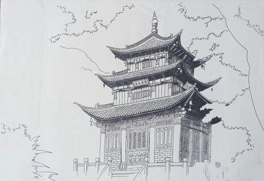 王怡匀《四阁楼》白 描王怡匀《文庙尊金阁》水 粉魏红伟《秀山别院》