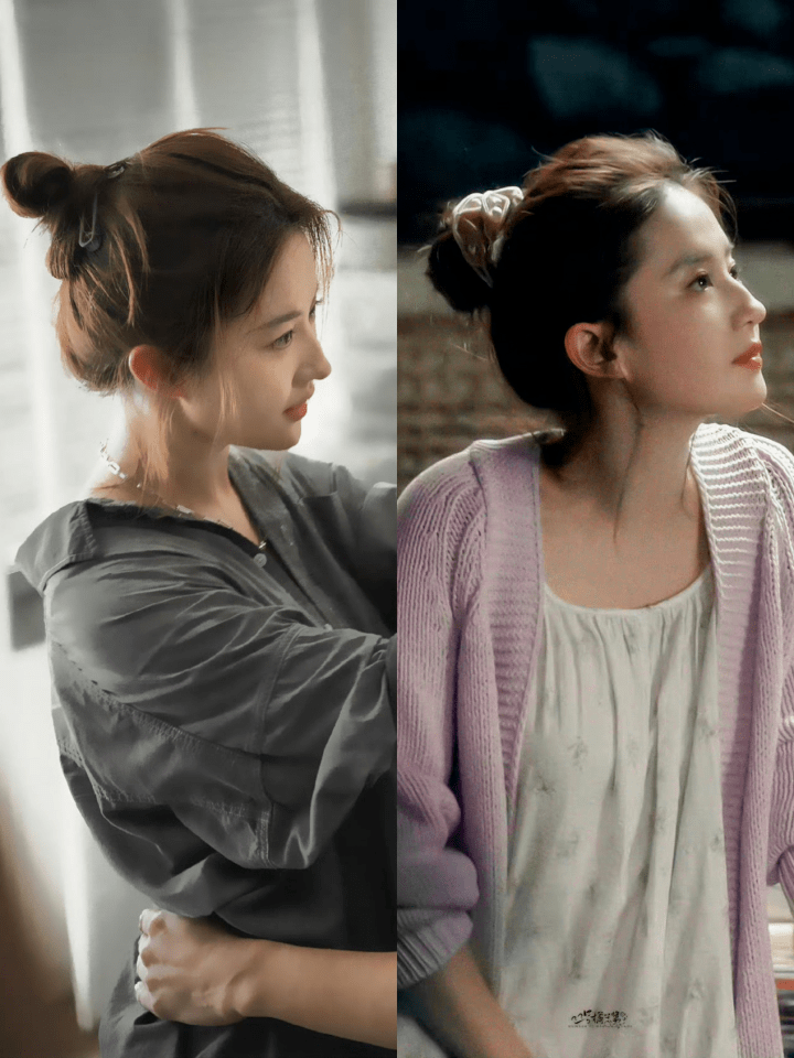 随性自然美人刘亦菲风格一直很chill,丸子头也像极了进浴室前的随性一