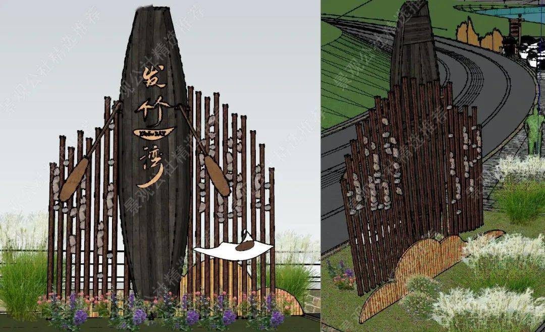 施工图内含:干垒景墙,竹篱雕塑,村标,青砖景墙,渔船创意景墙,a字形