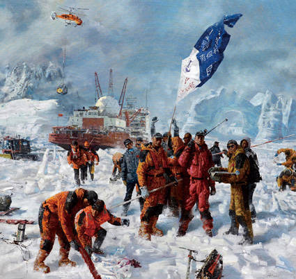 200cm×400cm 2019年 中国美术馆收藏油画《极地科考·雪龙号驶进