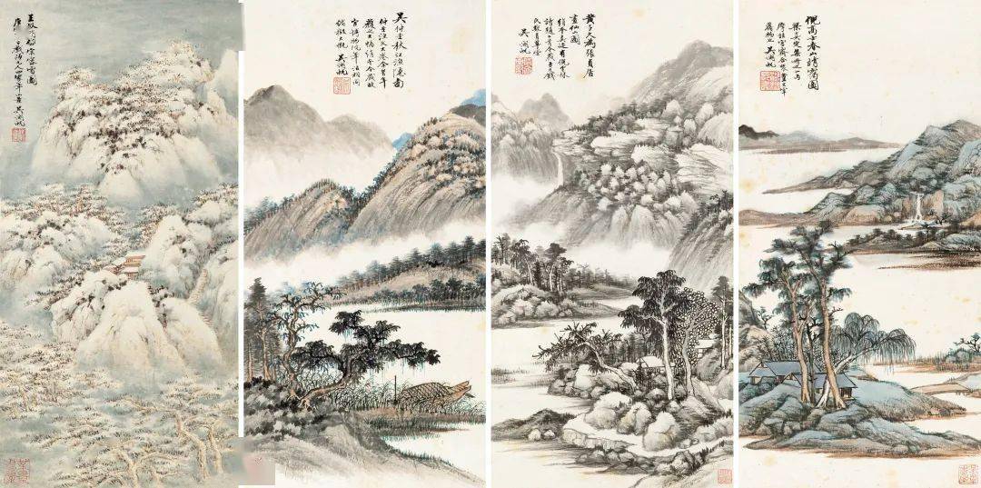吴湖帆：仿元四家山水四屏_笔墨_师四家_水墨