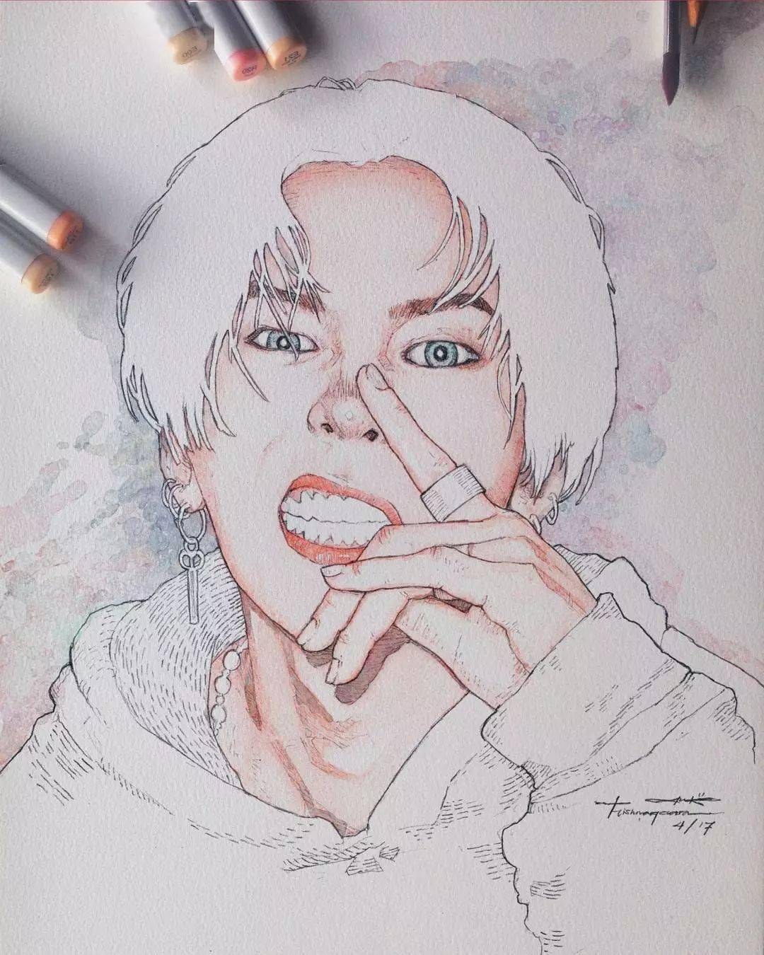 怎么有点像gd权志龙再用水彩淡淡晕染先用钢笔把人物轮廓描出来小哥