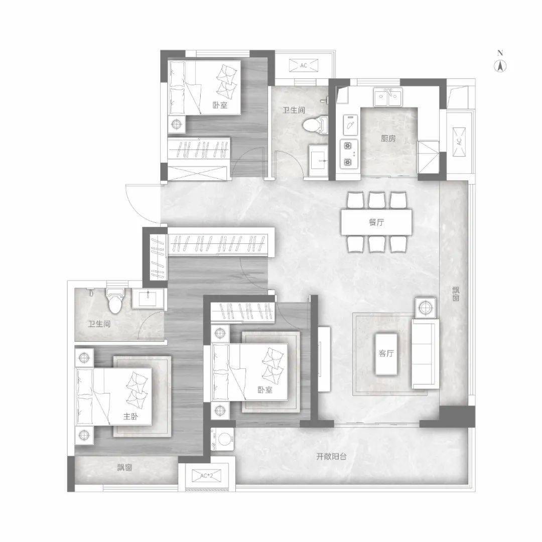 建面约129㎡三室两厅两卫户型样板间实景所有户型均做到三开间朝南,客