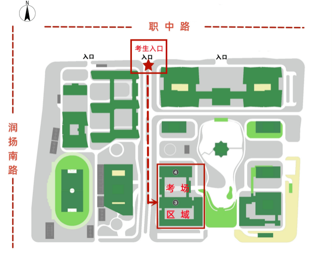 請從揚州市職業大學西門(國展路,國展中心對面)進入,由於西門離考場有