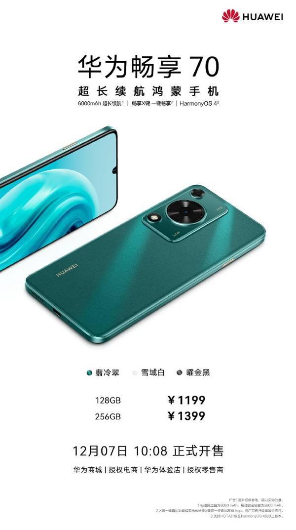 一周两充超长续航鸿蒙新机!华为畅享70开售:1199元起(图1) 一周两充超长续航鸿蒙新机!华为畅享70开售:1199元起(图1)