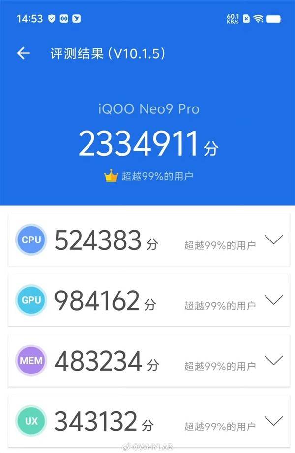 天玑9300超233万刷新记录!iqoo neo9 pro跑分首曝