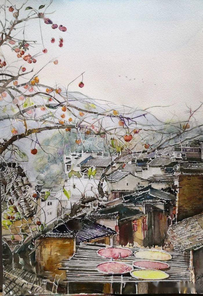 董海全《篁岭秋韵》水彩画26cmx37cm董海全《思溪延古村落》水彩画26
